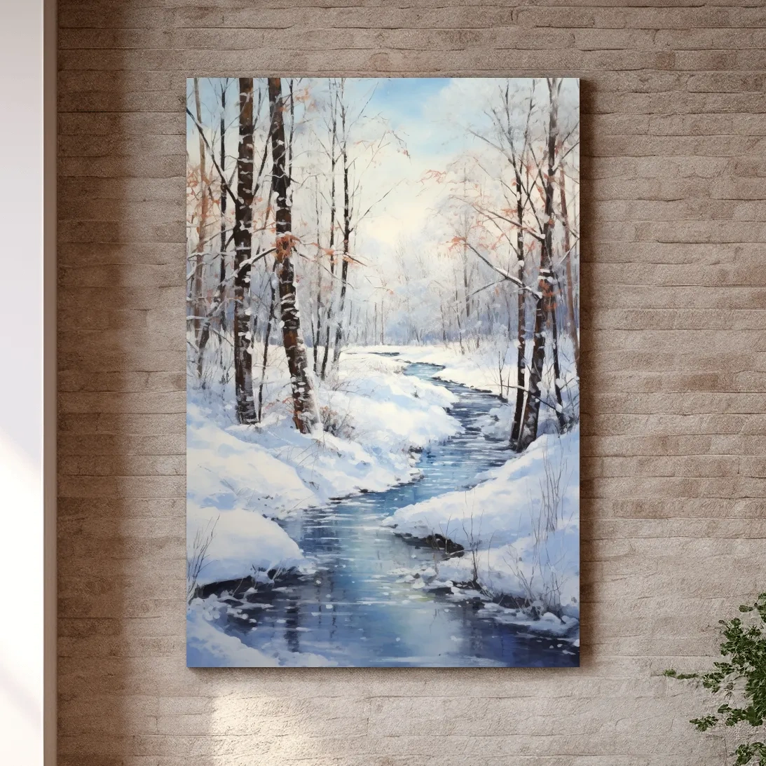 Oil painting of a stream running through a winter scene