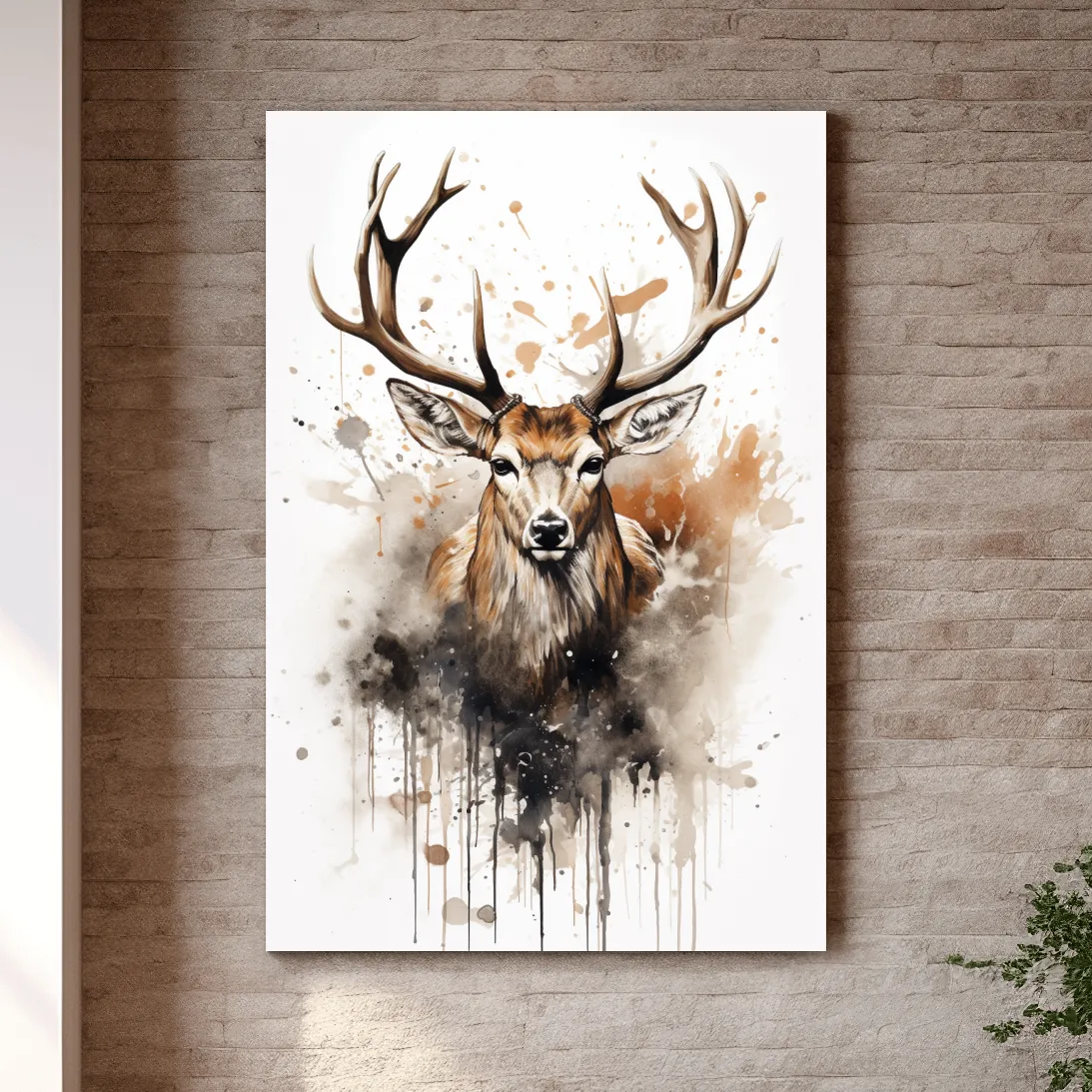 Splattered watercolour painting of a deers head