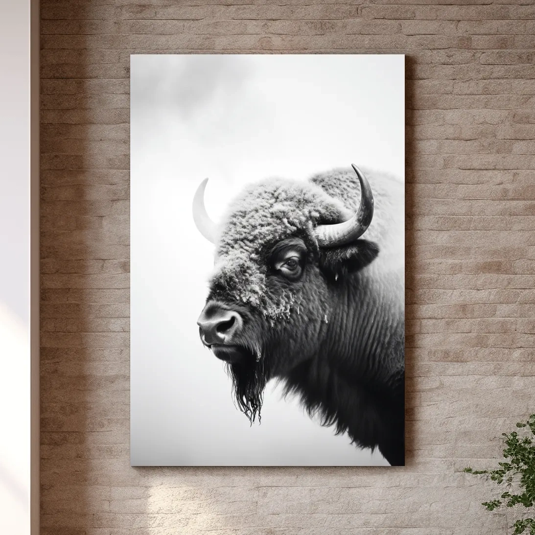 Moody Black And White Bison Portrait - Minimalist Photographic Wildlife Wall Art