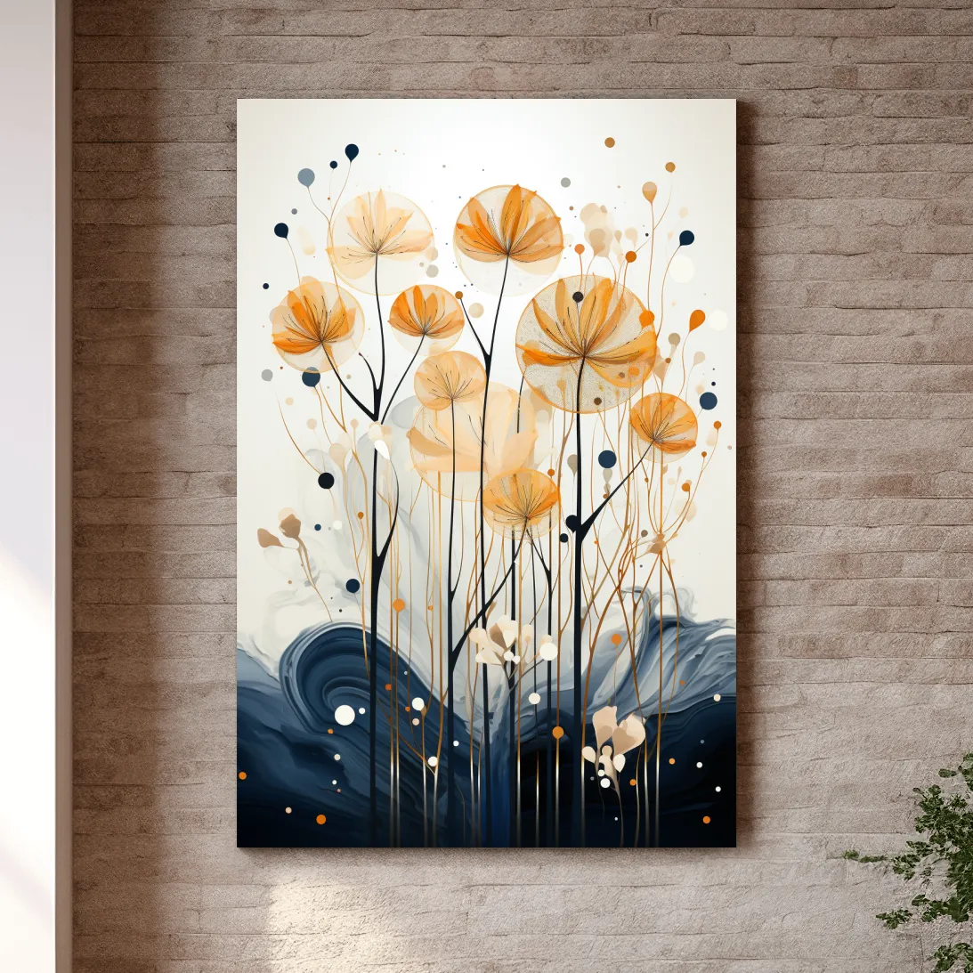 Abstract Golden Wildflower Ink Wash - Botanical Boho Wall Art