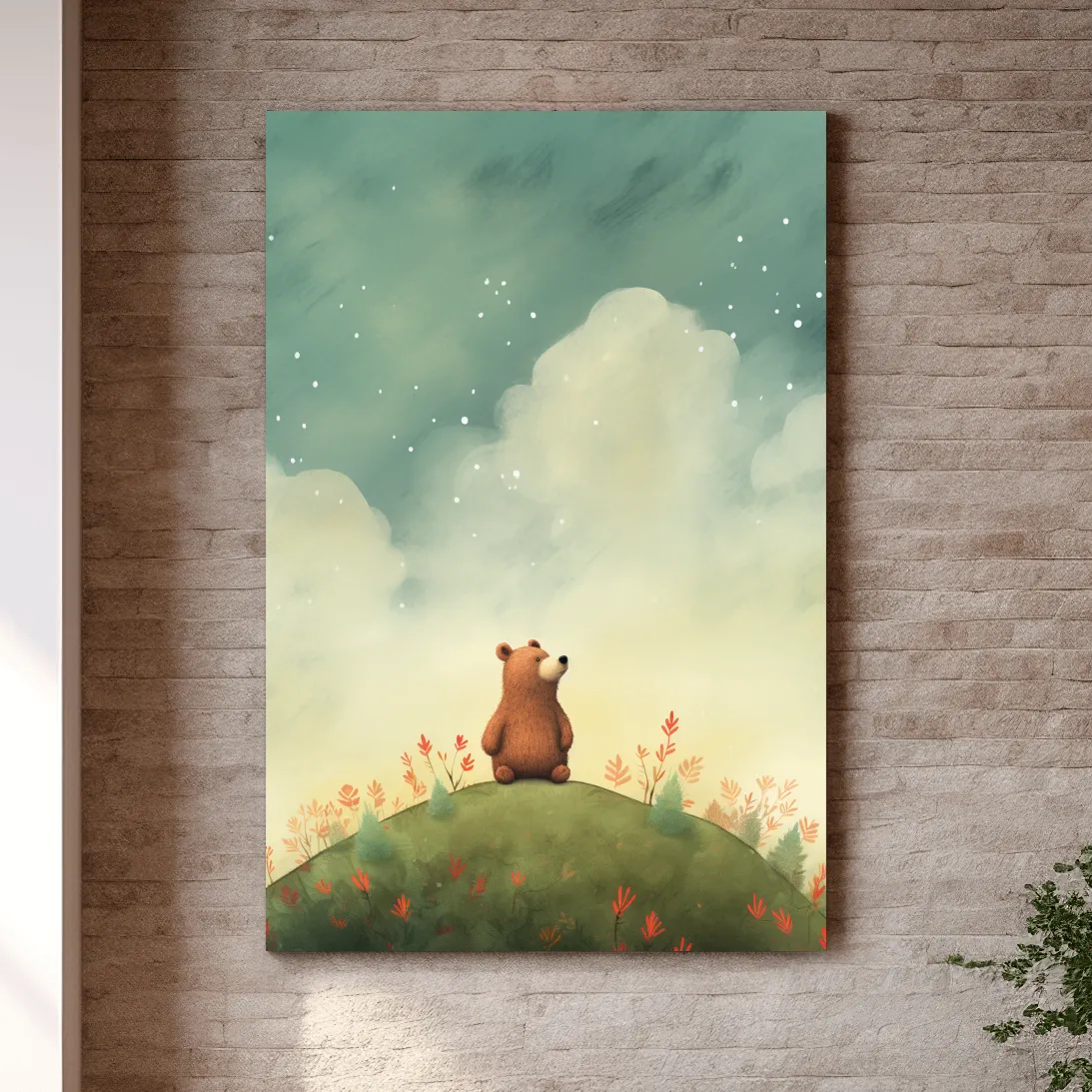 Nursery artwork, illustration of a cute happy bear gazing into the night sky
