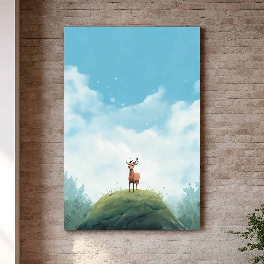 Whimsical Watercolor Deer on Grassy Hill - Serene Woodland Nursery Wall Art