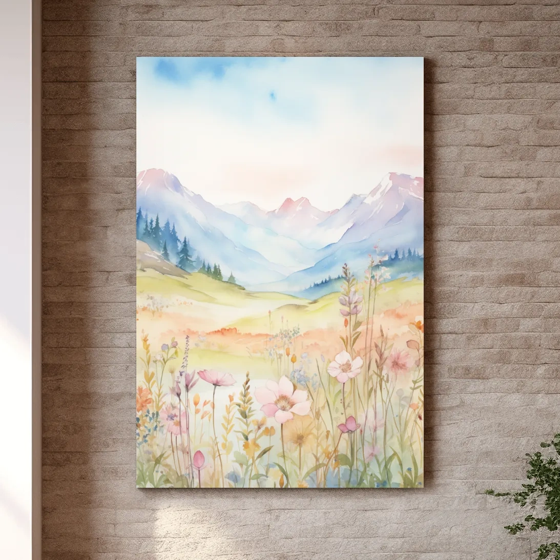 Pastel Watercolor Wildflower Meadow Mountains - Serene Floral Alpine Wall Art