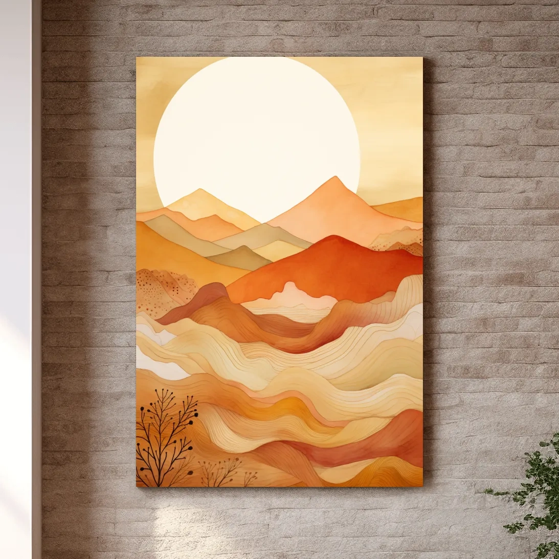 Watercolour illustration of mountain art shapes at sunset