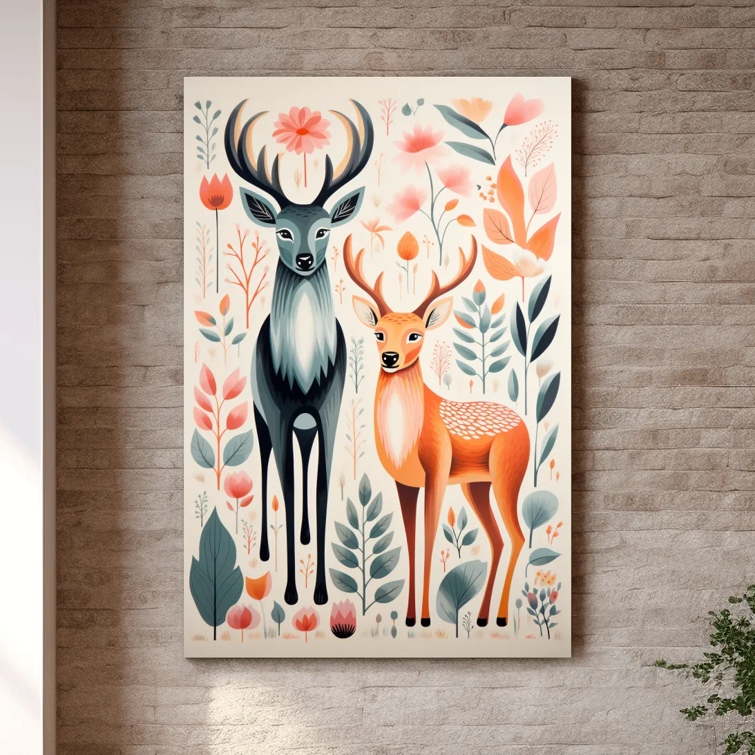 Flat colour vector print of deers and foliage, folk art style