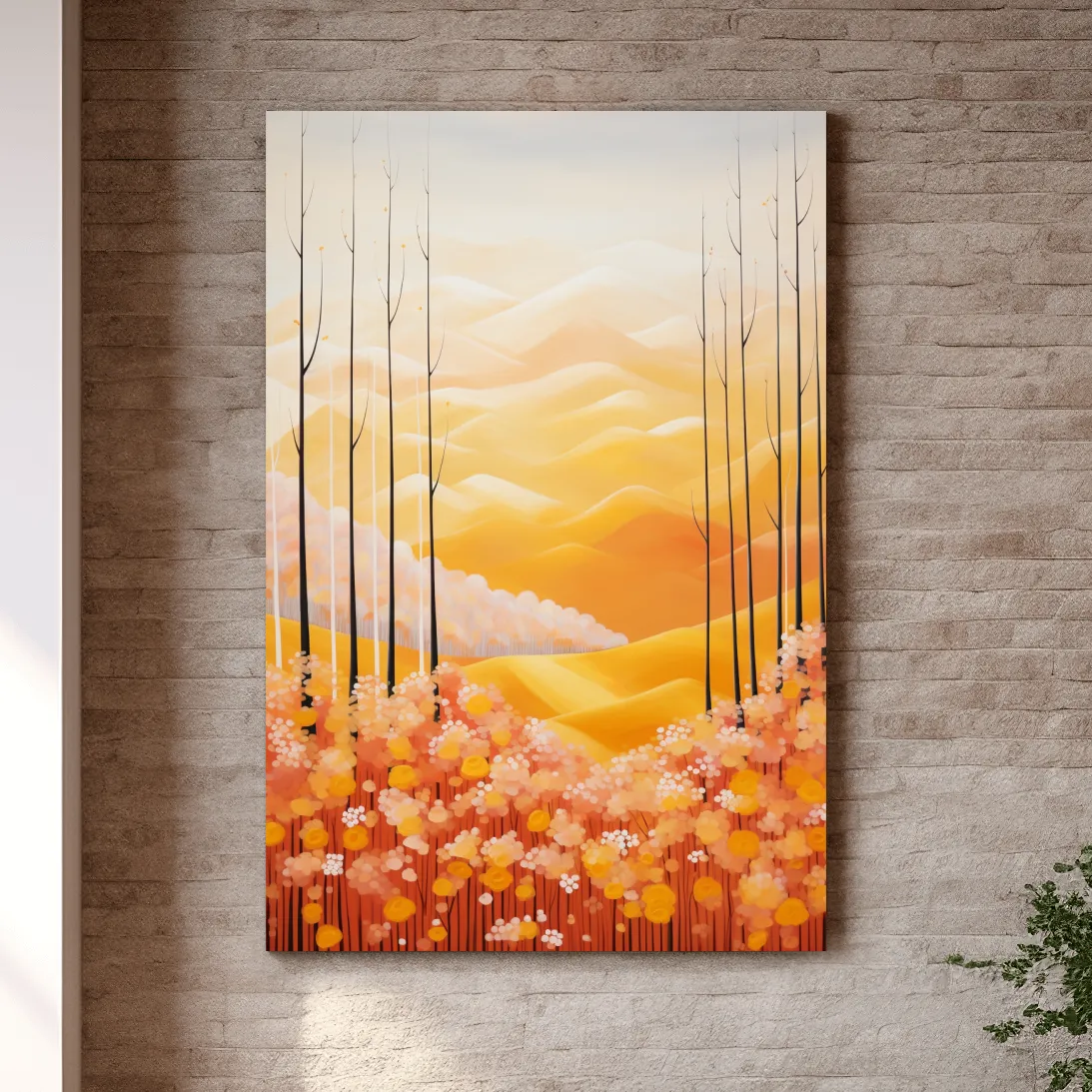 Storybook style illustration art of flowers, mountains and a forest in fall