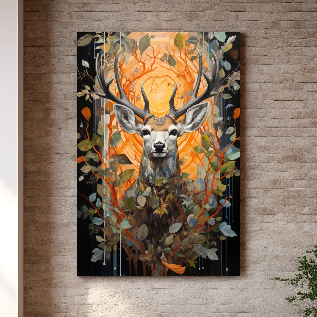 Floral ornate artwork of a deer head surrounded by foliage