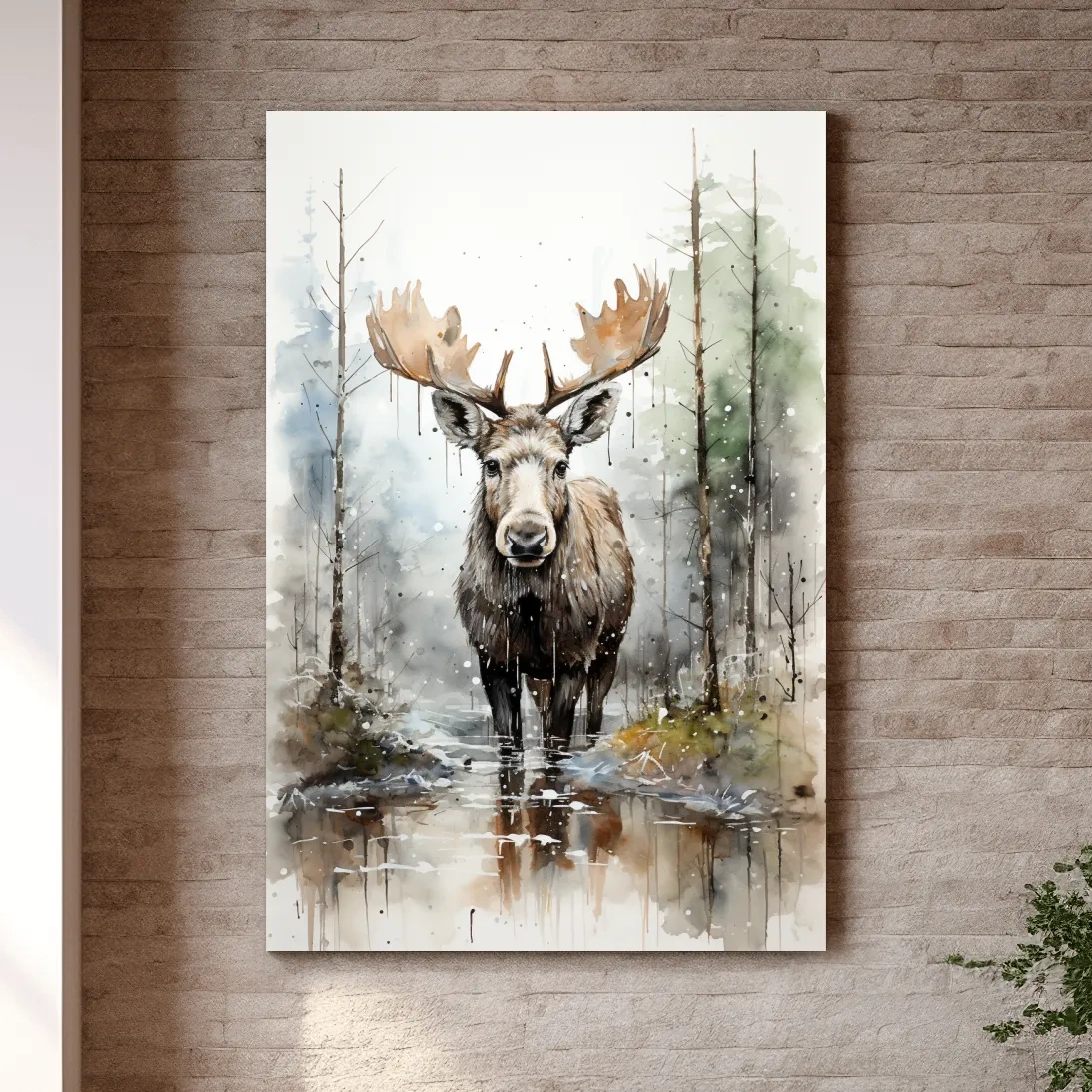 Watercolor painting of a moose in a forest lake