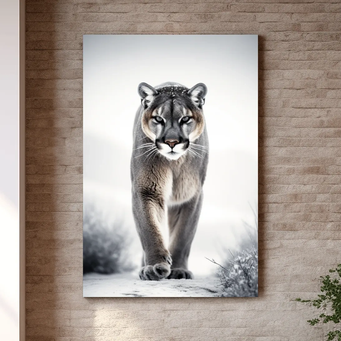 Photograph of a mountain lion walking in snow