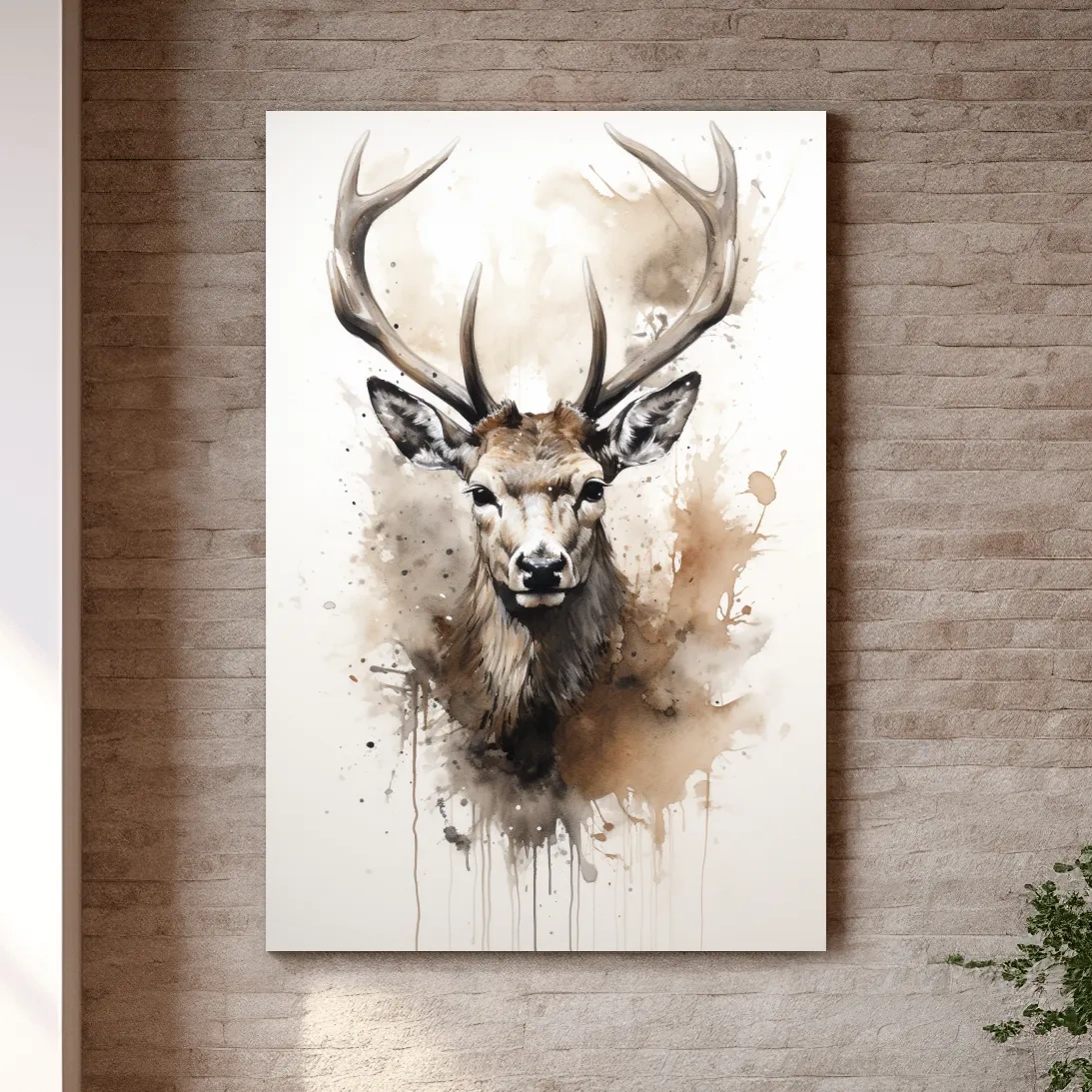 Splattered watercolour painting of a deers head
