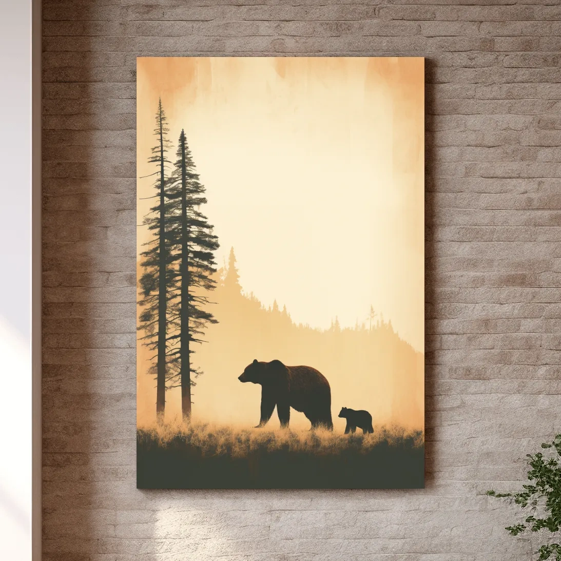 Momma bear and her cub, minimal illustration artwork