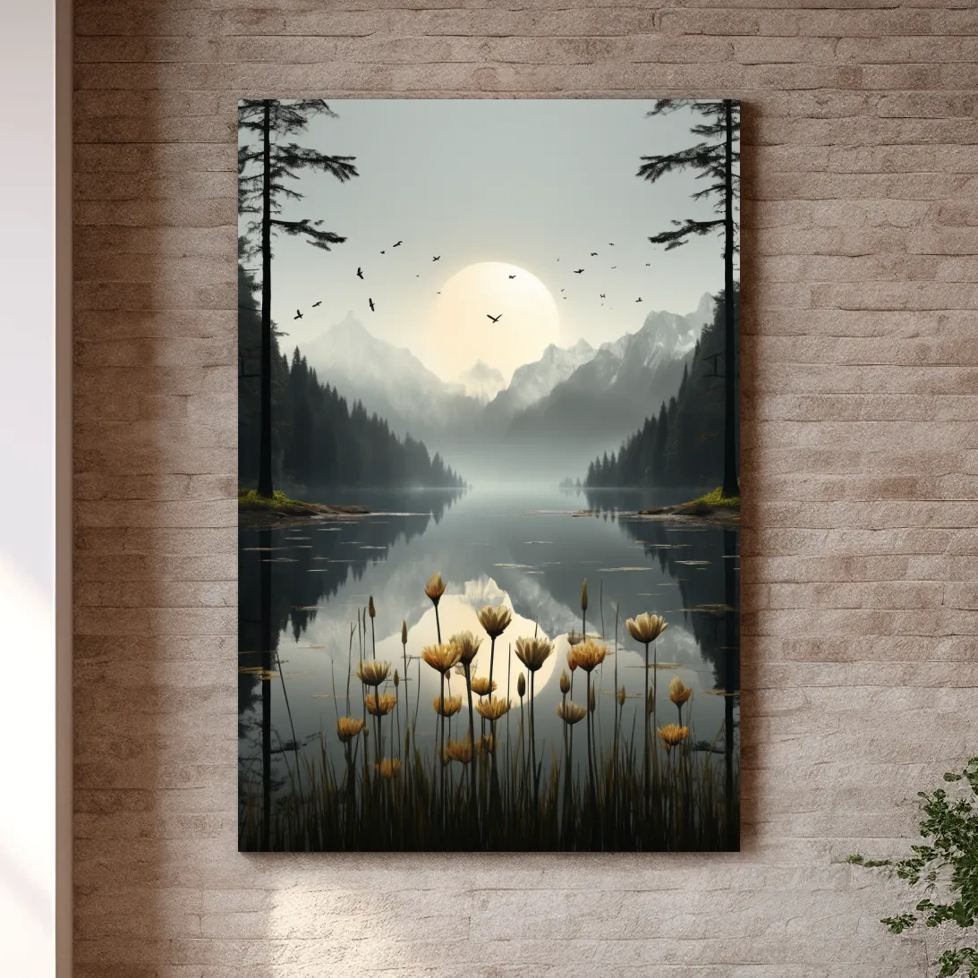Flowers on the misty alpine lake shore, photographic illustration