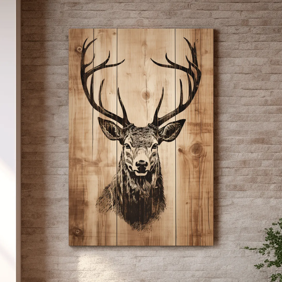 Wood burning style art, deer head on wooden panels
