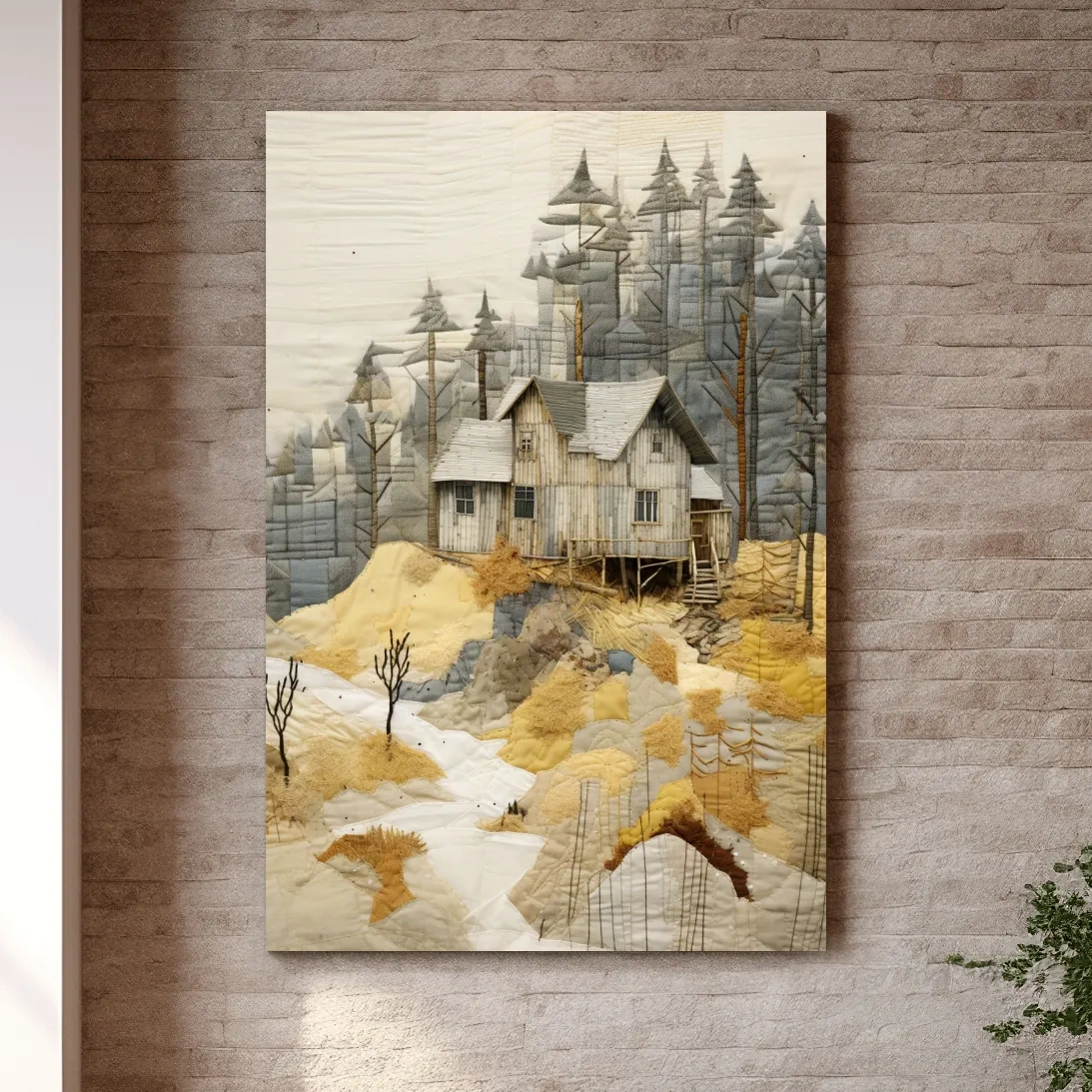 Cabin in the forest, fabric patchwork style art print