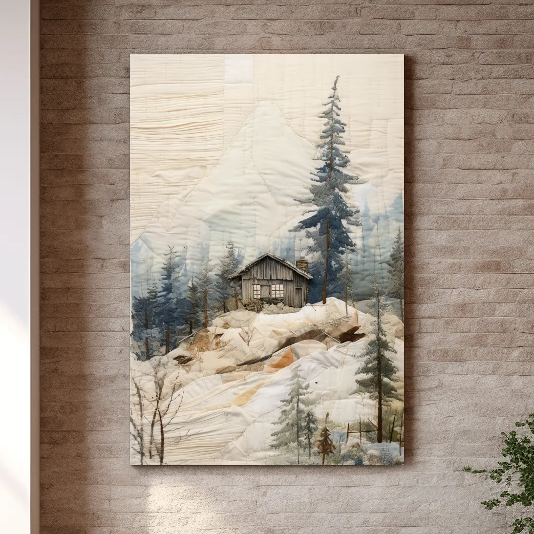 Cabin in the alpine forest, patchwork fabric style mountain wall art