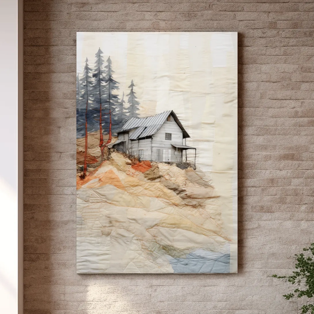 Rustic cabin artwork, fabric patchwork style