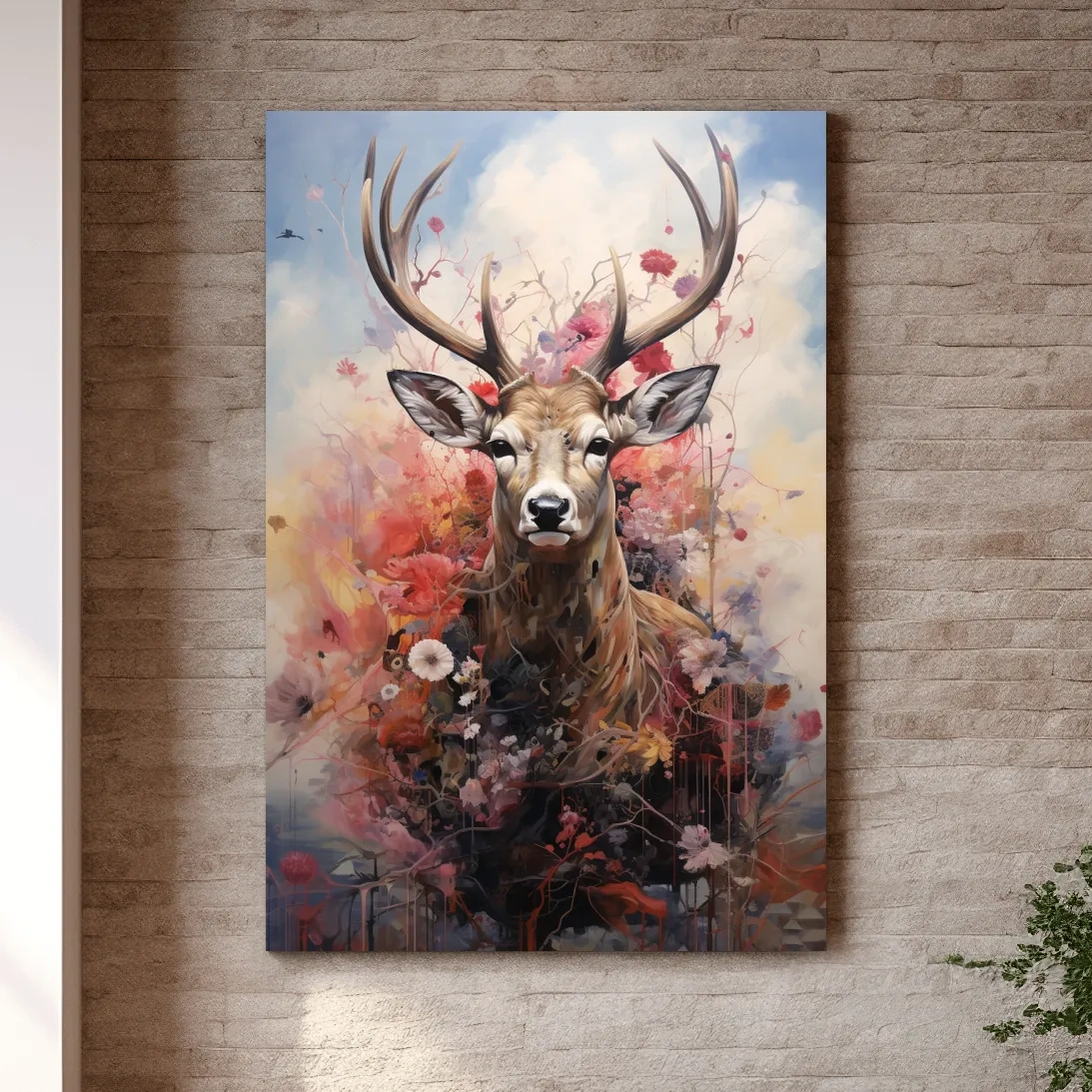 Painting of a deer head wrapped in flowers