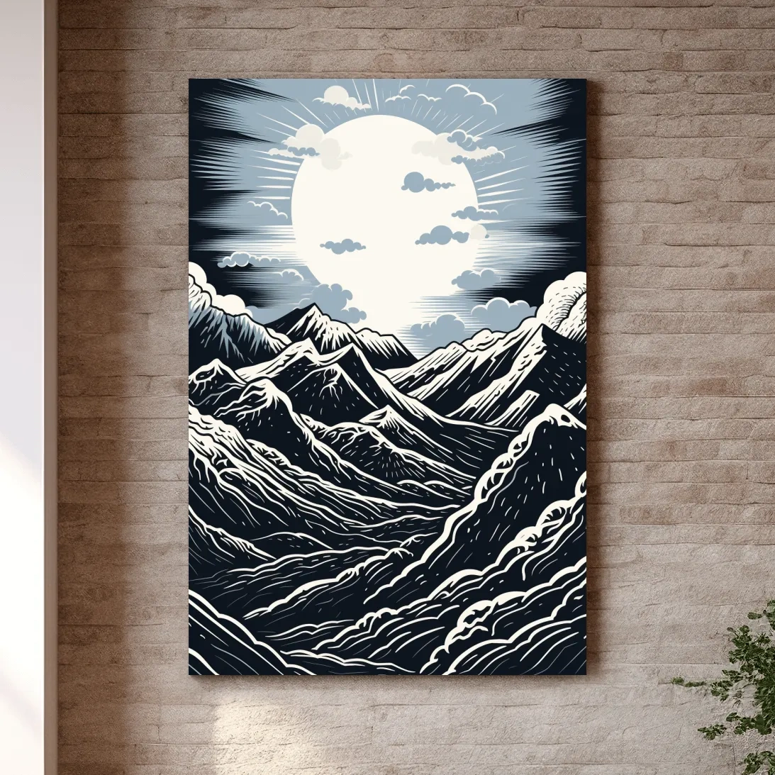 Linocut style mountain art illustration