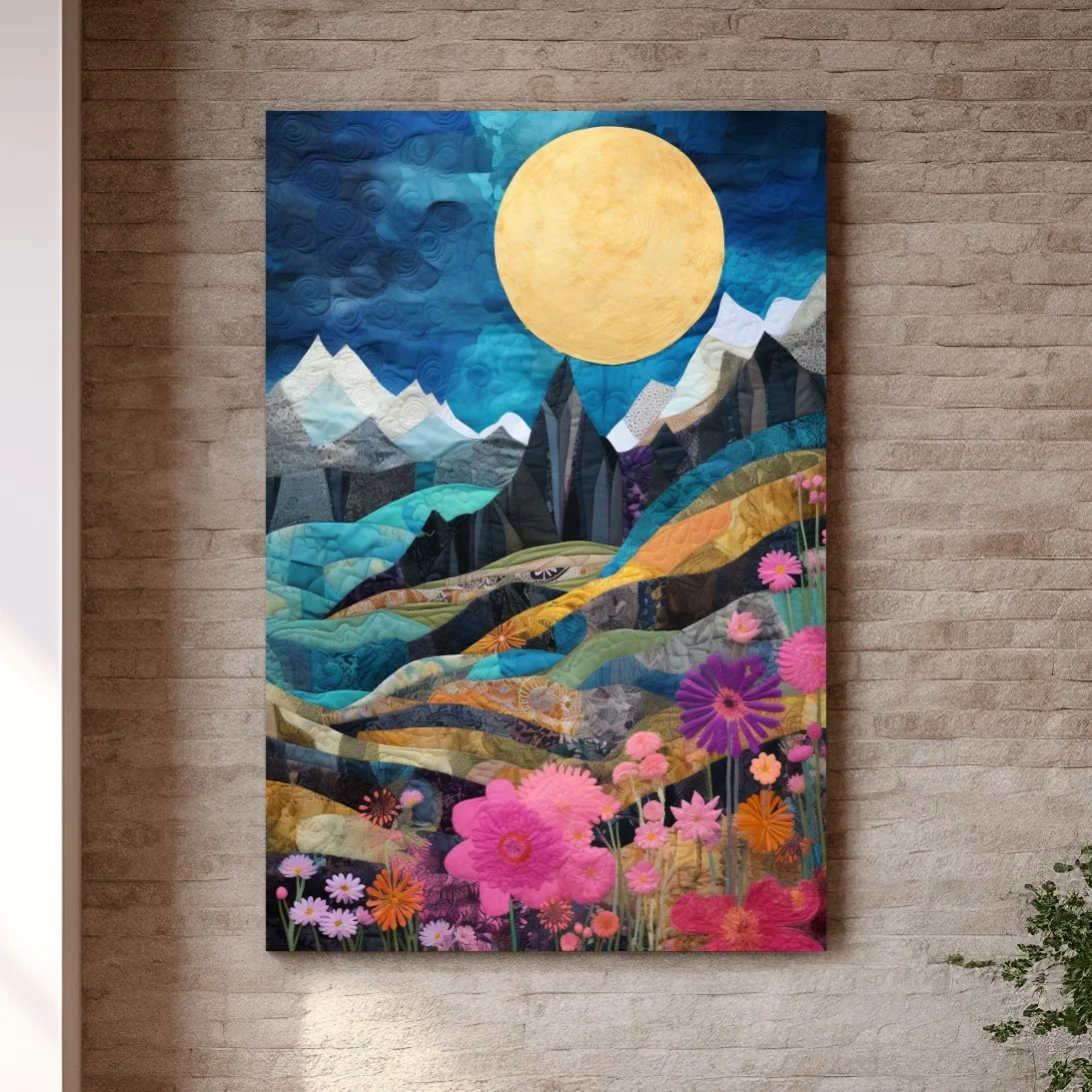 Handstitched patchwork style art, alpine flowers mountain artwork