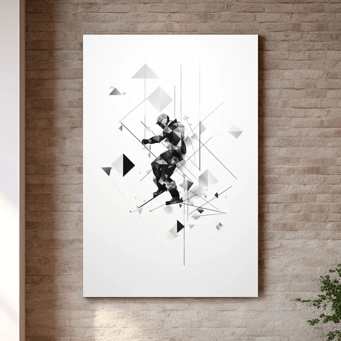 Monochrome Geometric Skier Silhouette - Abstract Winter Sports Wall Art