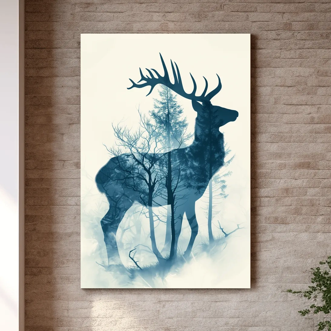 Deer and forest silhouette artwork, ethereal double exposure wall art