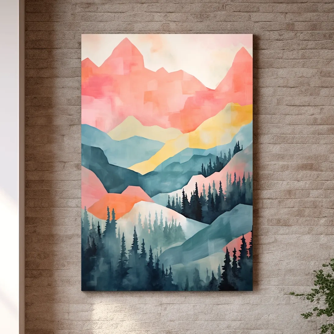 Abstract colorful painting of alpine mountains and trees