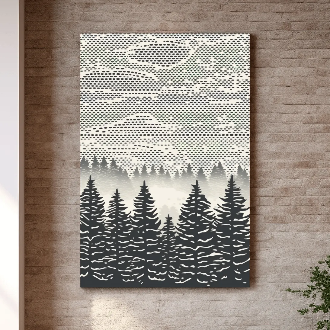 Black & white forest illustration art, dot pattern linocut style