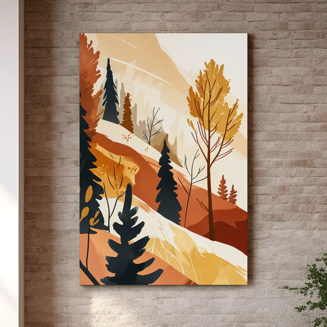 Minimalist Autumn Mountain Forest Landscape - Warm Scandinavian Wall Art
