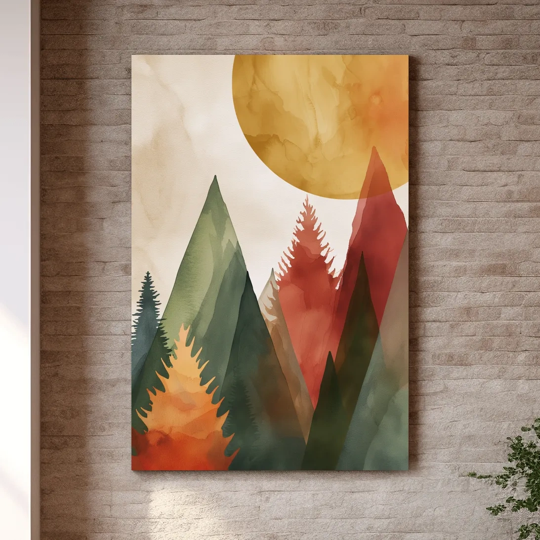 Trees and mountains under the sun, rustic boho watercolour print