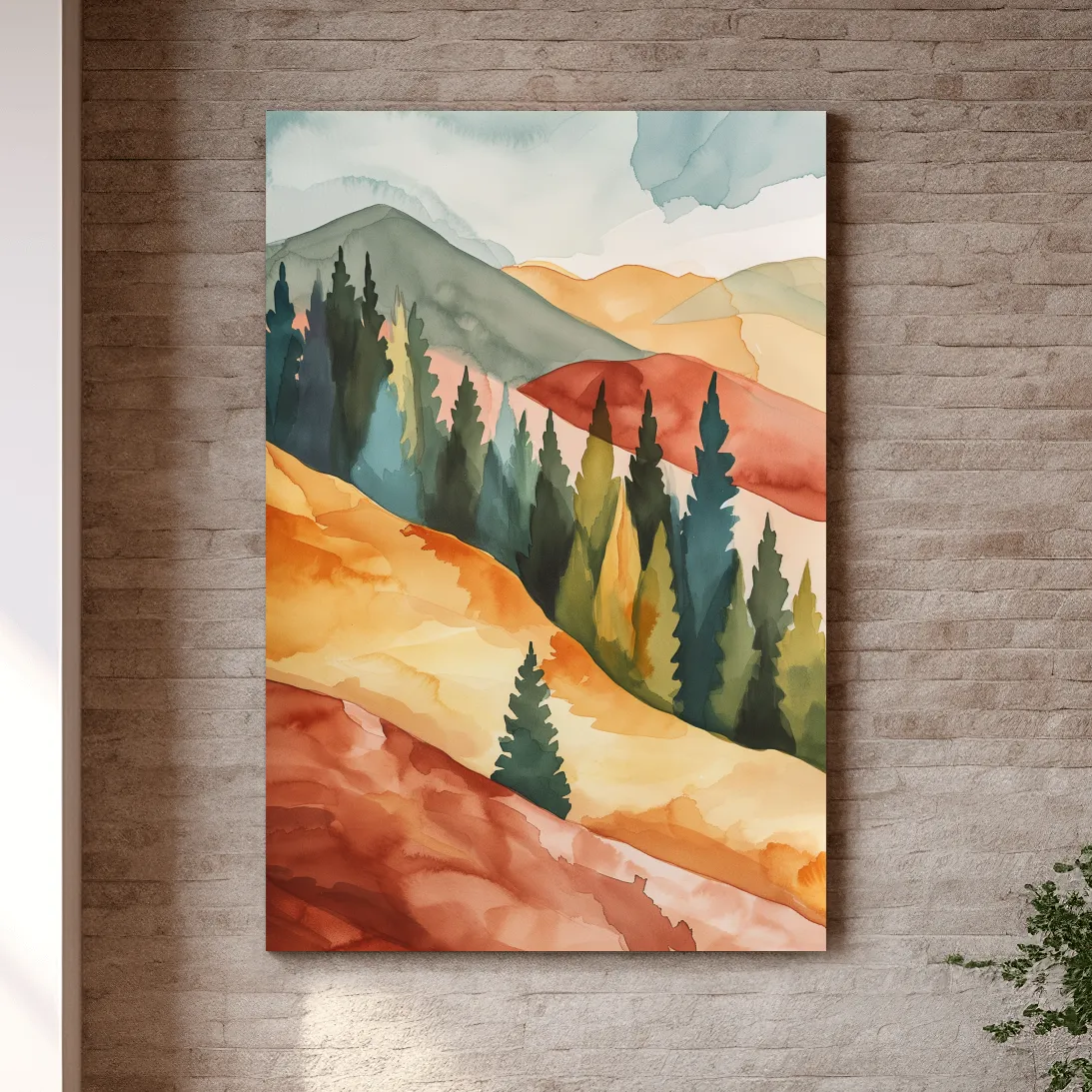 Mountains and forest landscape rustic watercolour painting artwork