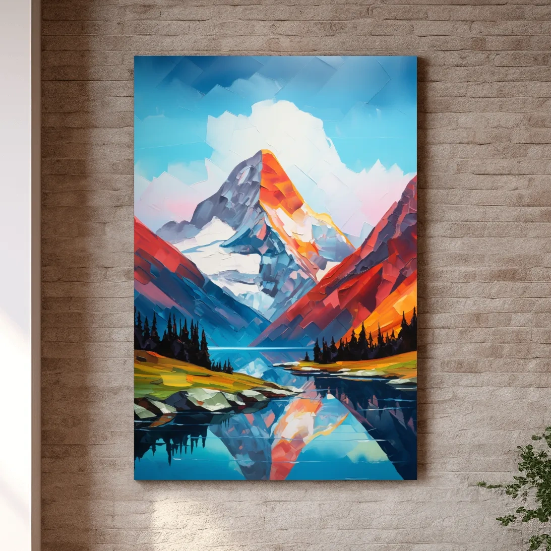 Vibrant Abstract Mountain Lake Reflection - Colorful Impasto Style Wall Art