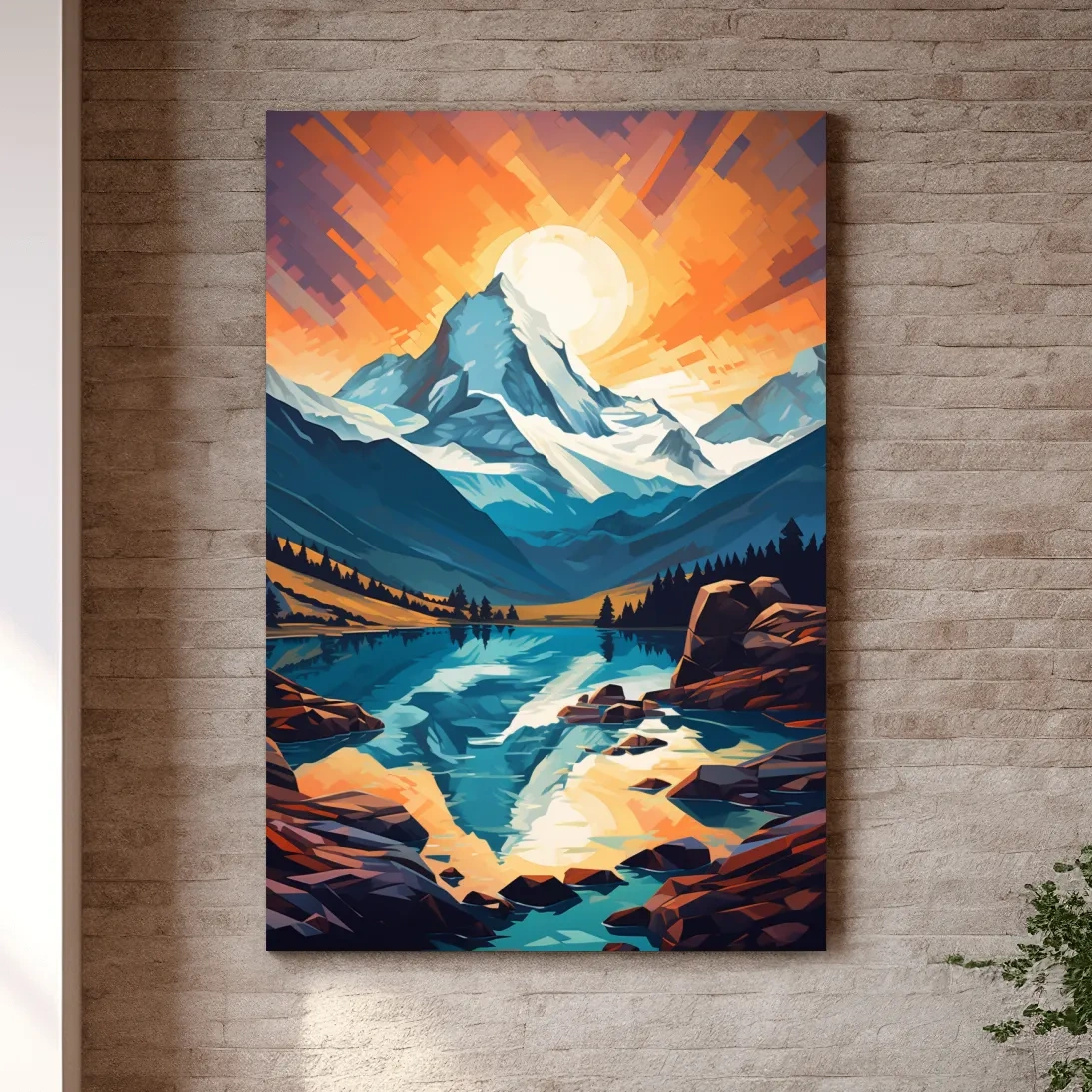 Sunset over the alpine glaciers, vector mountain art