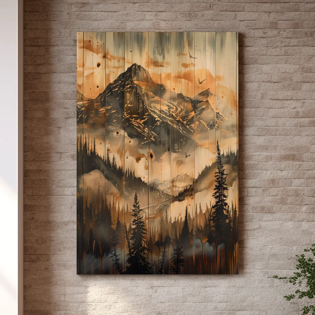 Mountain range wall art, wood panel effect, rustic cabin art, wood burning style