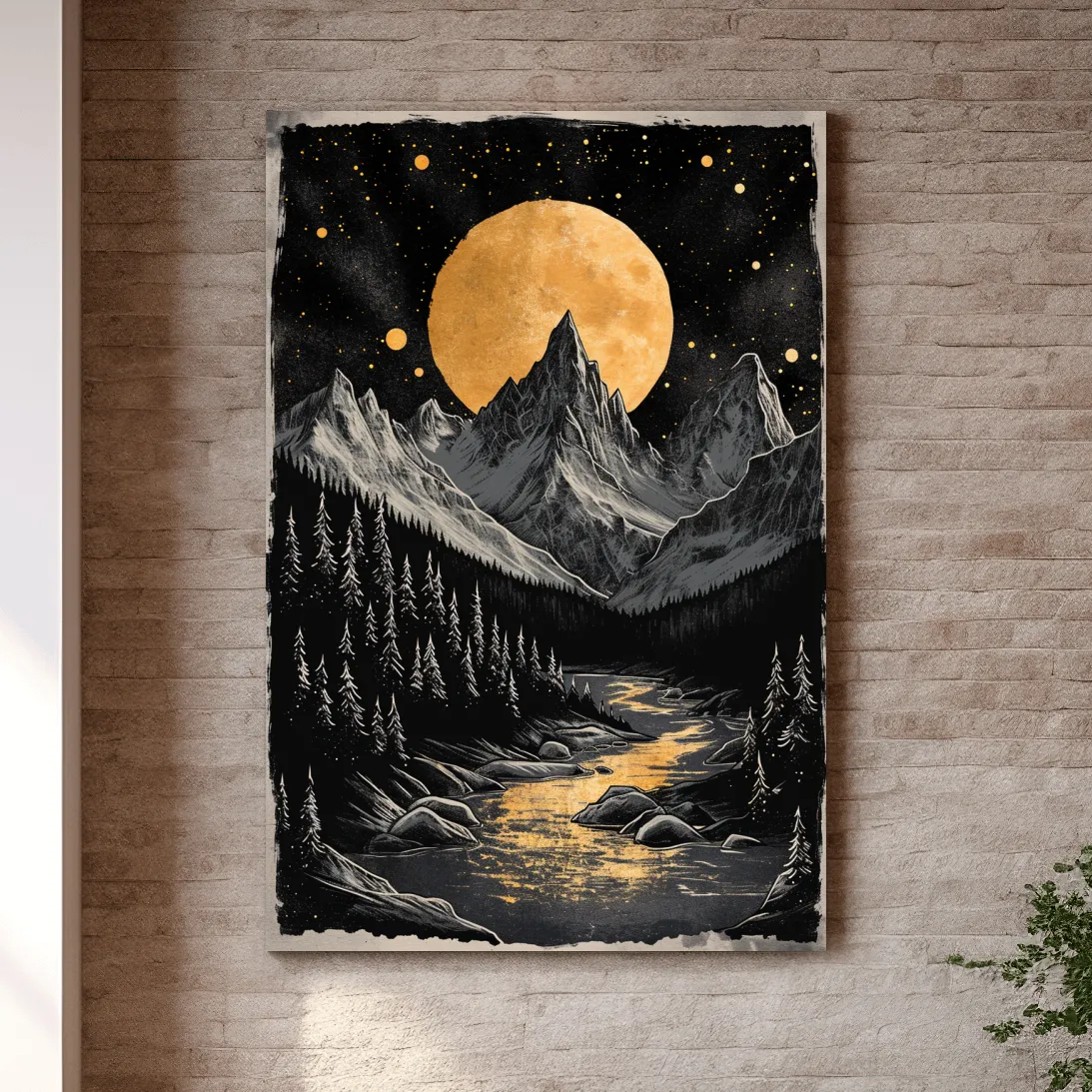 Moonlit alpine scene, dramatic glacier and moon artwork
