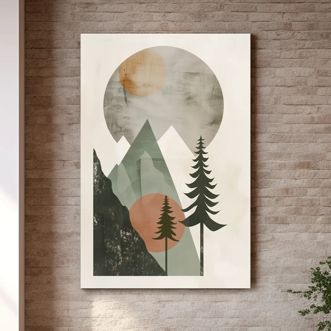 Scandinavian style artwork, mountains and trees under the sun