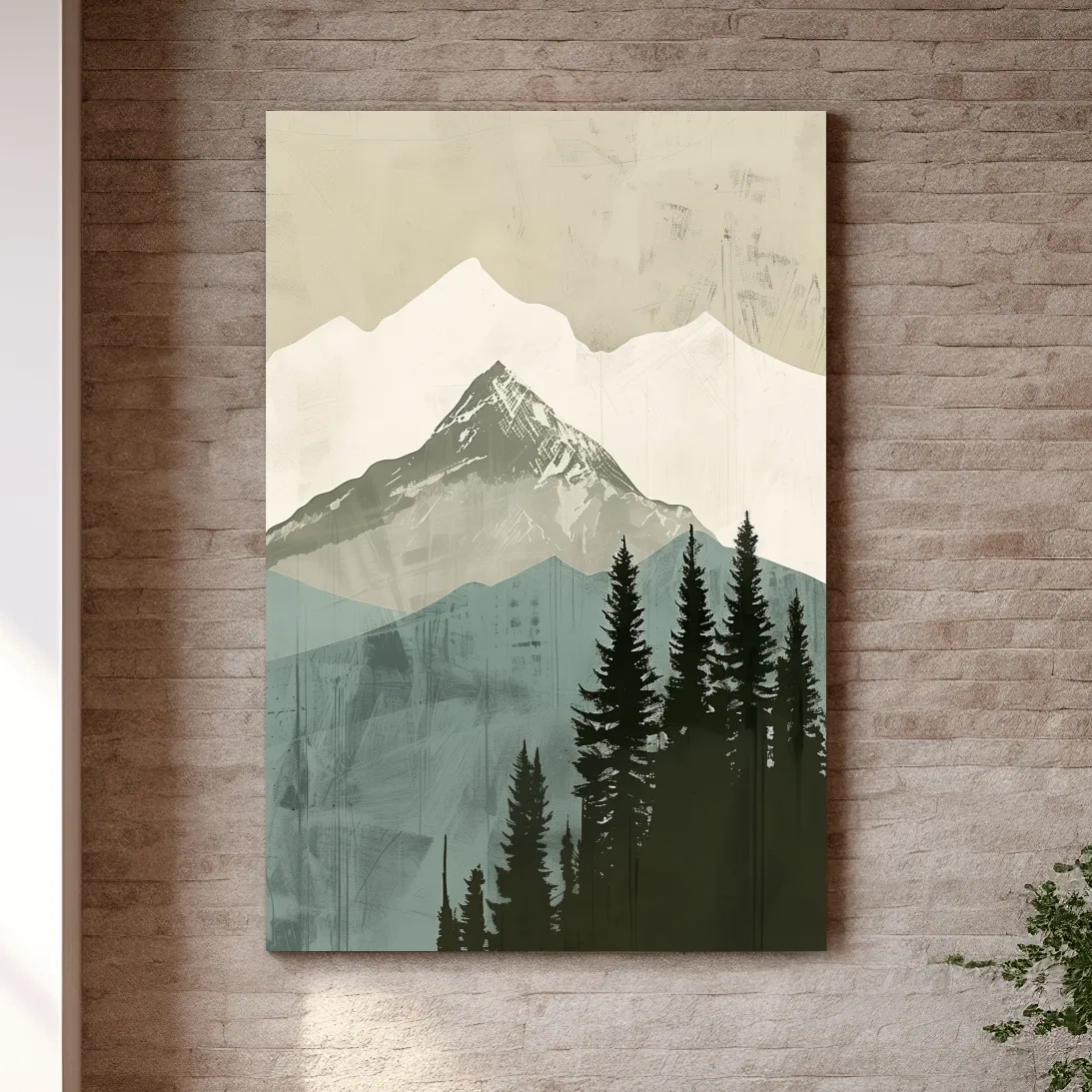 Minimal mountain artwork, scandinavian style glacier and forest art
