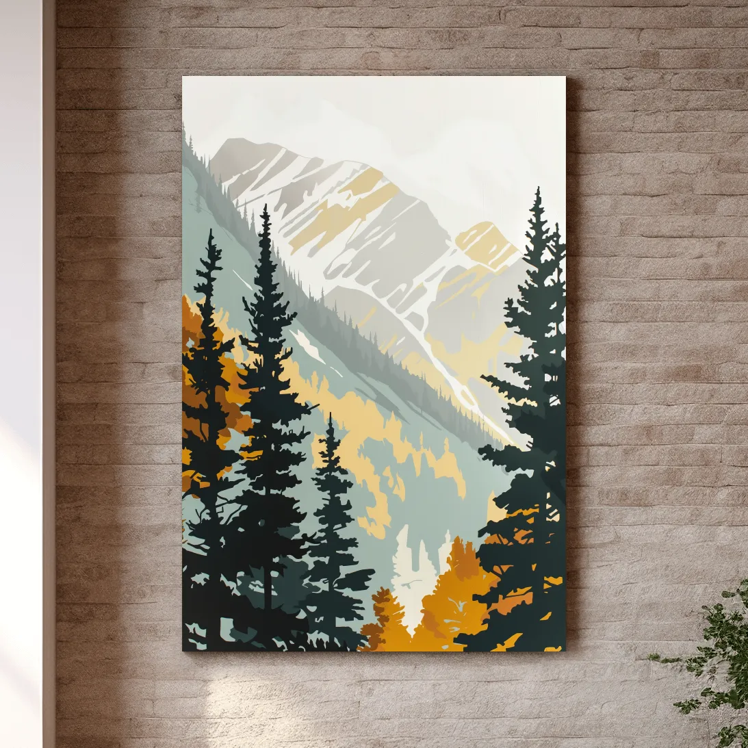 Scandinavian style minimal artwork, mountains through the forest