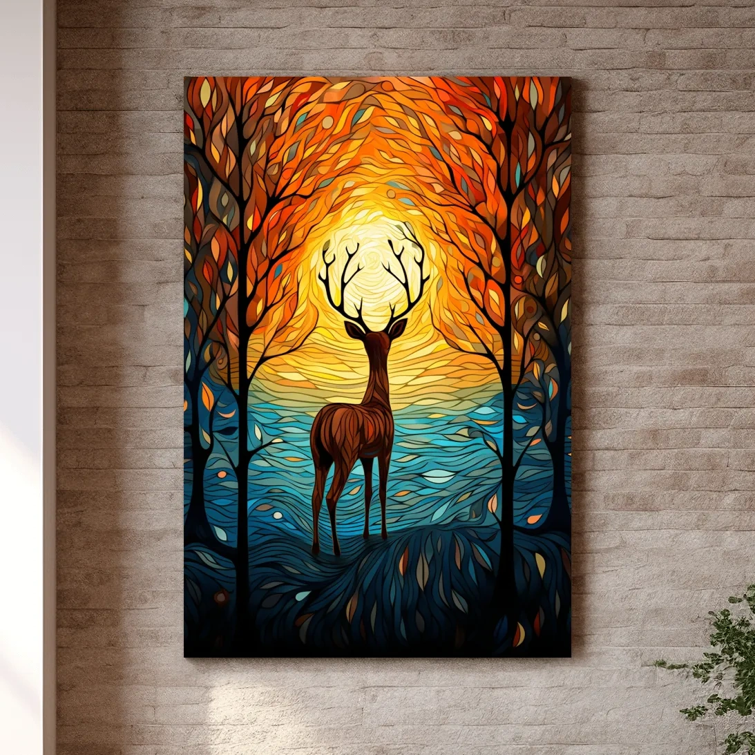Deer in the forest at sunset, leadlight style artwork