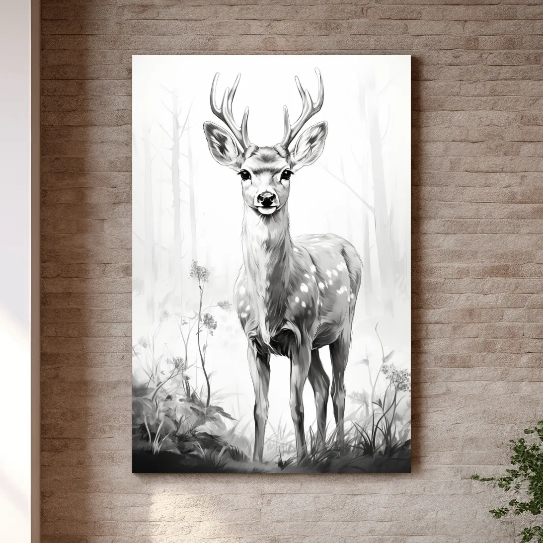 Black and white drawing artwork of a fallow deer
