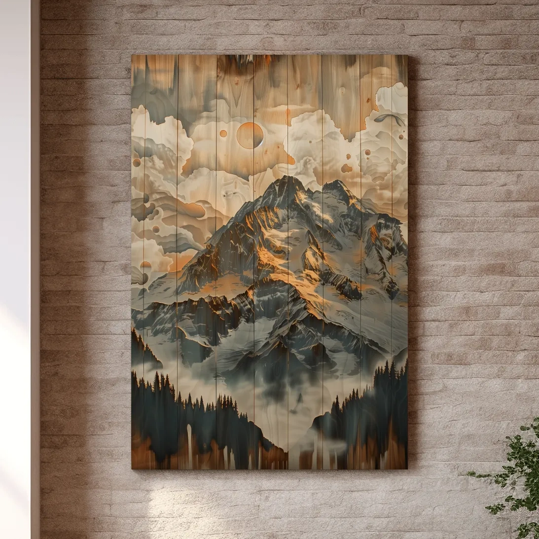 Glacier mountain range wall art, wood panel effect artwork