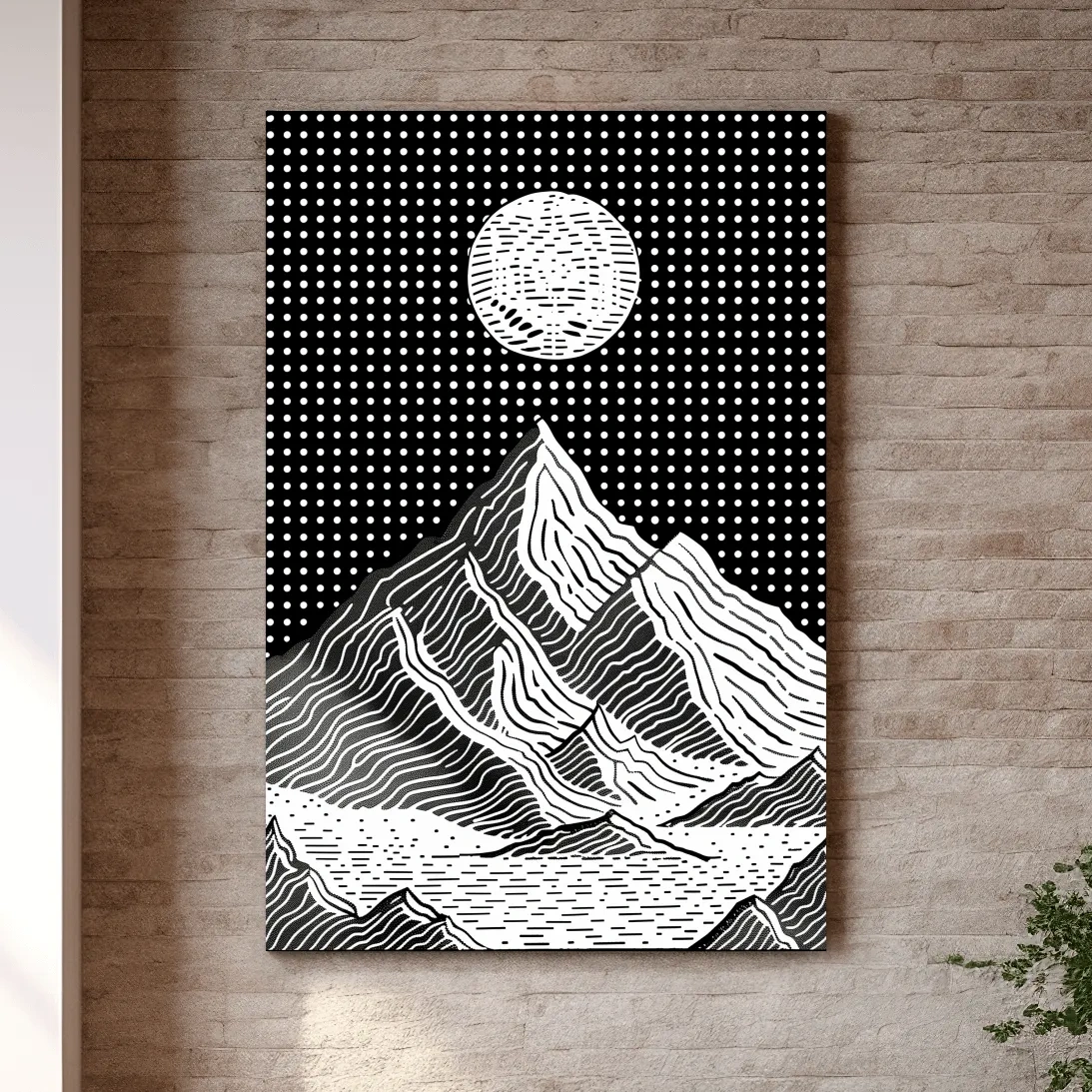 Glacier under the night sky, optical illusion linocut style mountain art