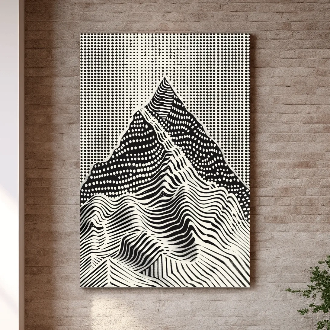 Mountain artwork, linocut style optical illusion art