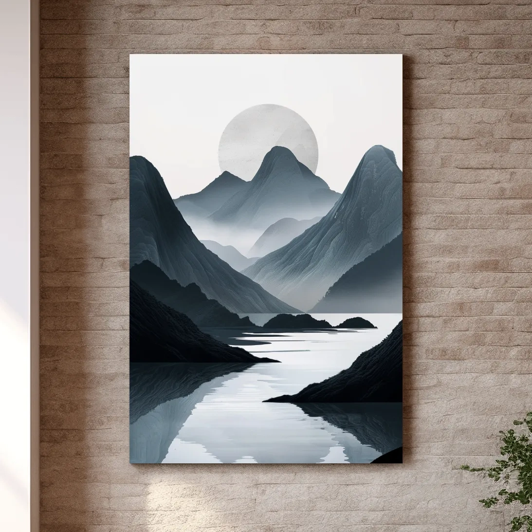 Black & white mountain artwork, view down a foggy valley and lake