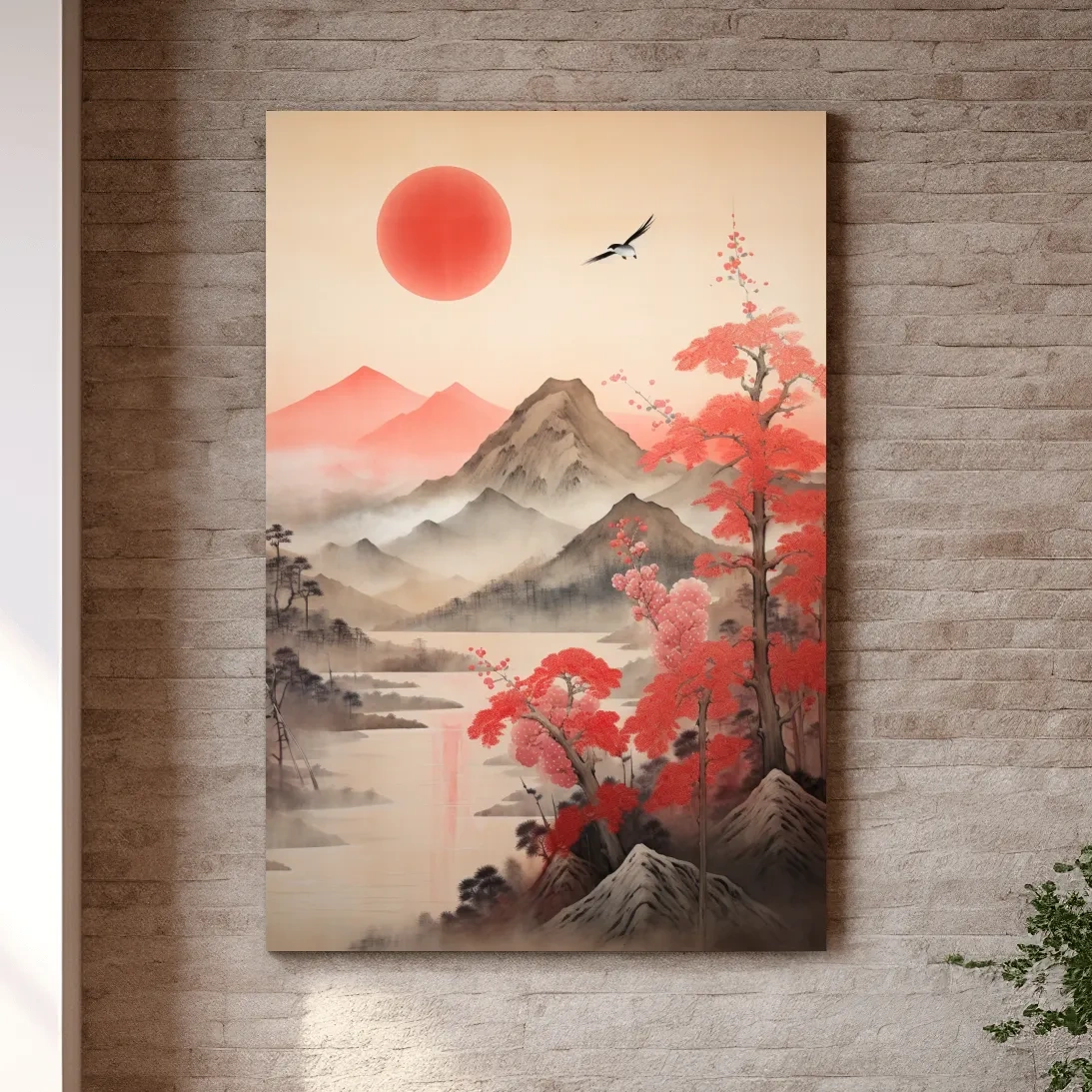 Japanese Ink Wash Mountain Sunrise - Sakura Cherry Blossom Wall Art