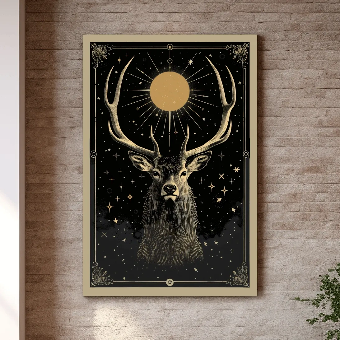 Elegant deer head under the night sky, tarot card style art