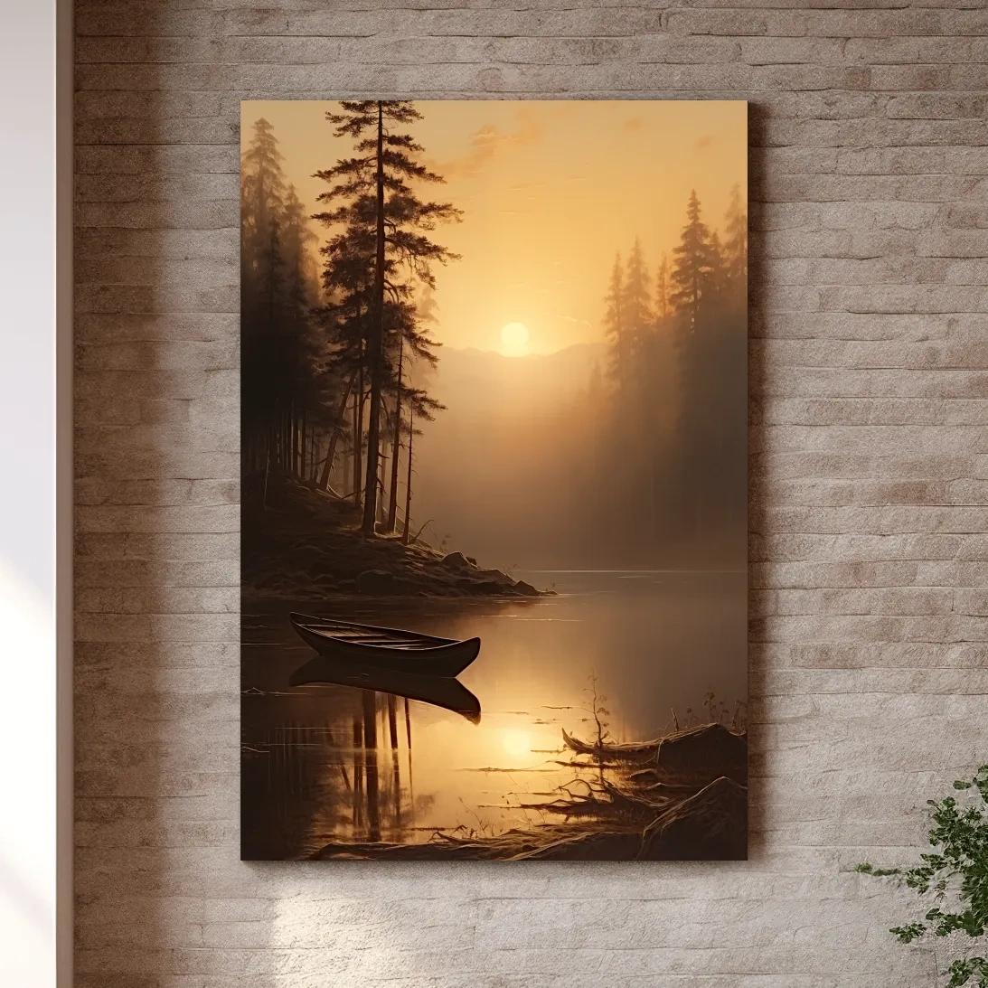 Sunset painting of a canoe on a lake at golden hour
