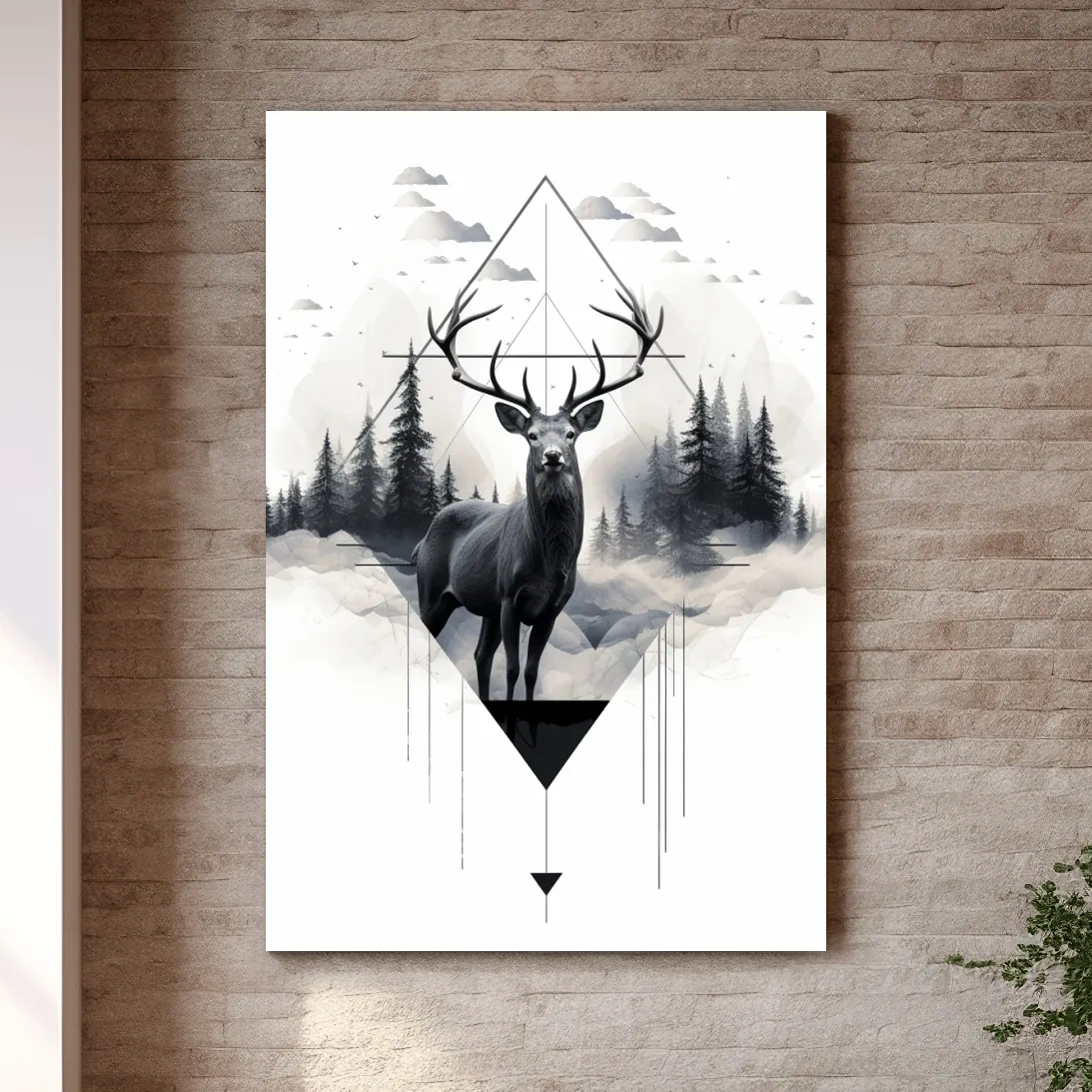 Geometric Monochrome Stag In Misty Pines - Tattoo Inspired Wildlife Wall Art