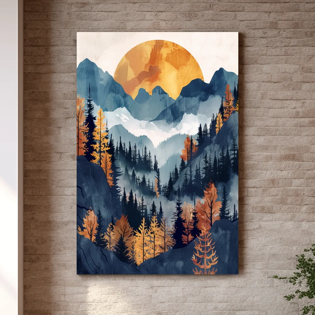 Foggy forest artwork, sunset over the mountains, textured watercolor style painting