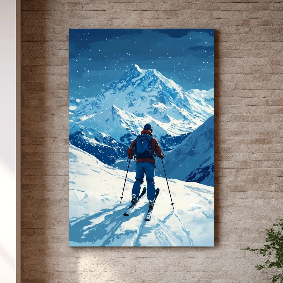 Painting of a backcountry skier in the snow, ski wall art