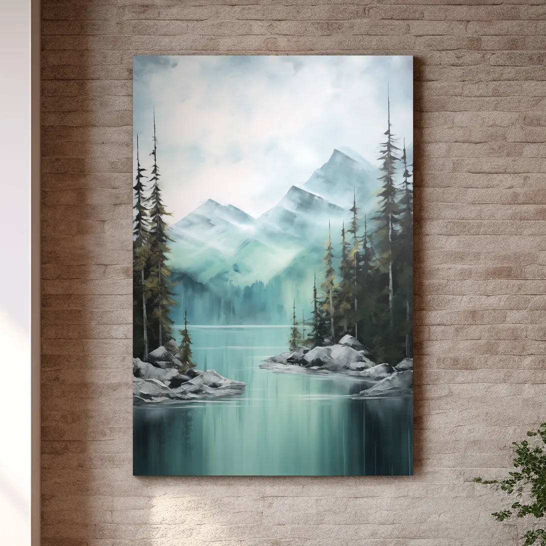Misty Turquoise Mountain Lake Landscape - PNW Watercolor Forest Wall Art